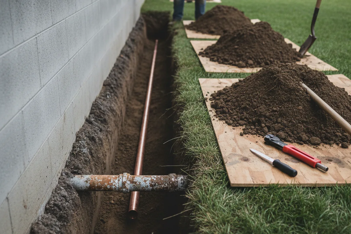 Excavated water line trench during Water Softener Installation in White Post